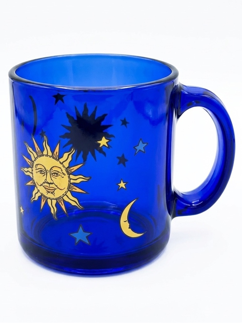Vintage 90s Libbey Celestial Cobalt Blue Glass Mug - Sun Moon Stars Friends